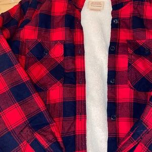 Red and navy plaid coat. Great for holidays and winter fashion. Very soft